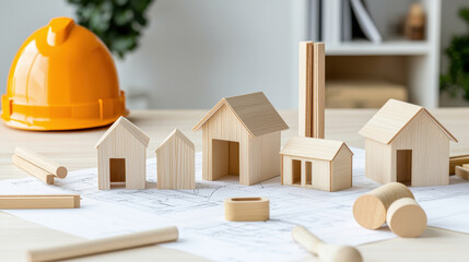 Architecture paper blueprint and scale wooden model house. Wooden models of houses arranged on a blueprint, with a safety helmet in the background, representing construction and design concepts.