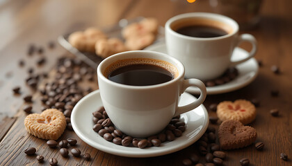 Fototapeta premium Cozy Café Setting with Espresso, Coffee Cups, and Heart-Shaped Cookies