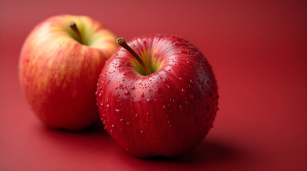 Two fresh, red apples with water droplets on their smooth skin, set against a bold red background. A perfect representation of freshness, health, and nutrition for food and wellness themes.
