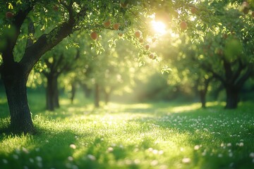 Sunlight filters through peach trees in a lush orchard with green grass and small white flowers