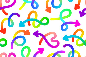 Seamless pattern with colorful arrows on  white background. Arrows with  gradient in rainbow colors. Curvy, swirling doodles. Hhand-drawn thick bright arrows. Vector illustration.