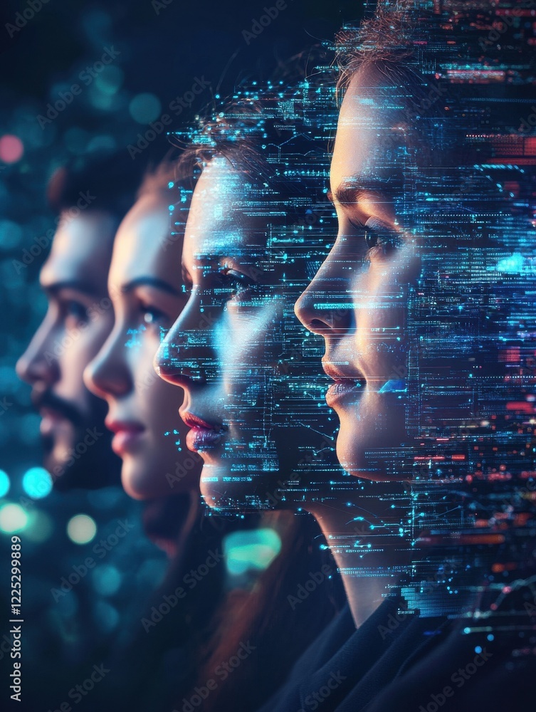 Poster group of multinational people and digital technology concept. digital transformation. system enginee