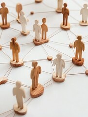 Obraz premium Network concept with wooden figures connected on a white surface symbolizing human resources strategy and management
