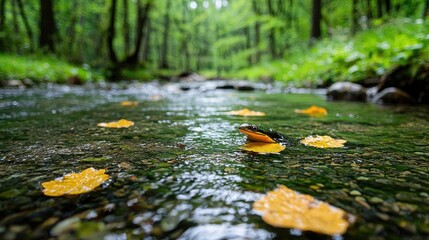 Fototapeta premium Yellow autumn leaves float on the surface of a clear forest stream during a bright autumn day.