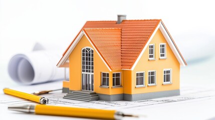 Architecture paper blueprint and scale wooden model house. Miniature yellow house model with an orange roof, surrounded by architectural plans and pens, symbolizing real estate and construction.