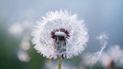 A delicate dandelion seed head with soft natural background.