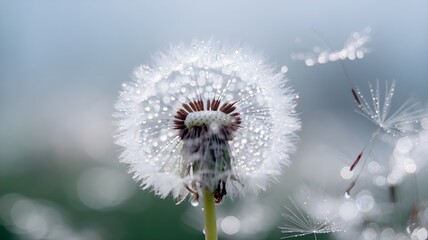 A delicate dandelion seed head with soft natural background.