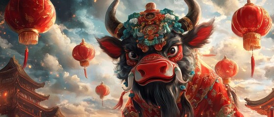 Fototapeta premium A Majestic Ox, Adorned In Vibrant Red And Gold, Stands Against A Backdrop Of Red Lanterns And A Cloudy Sky. The Scene Is Rich With Texture And Color, Evoking A Festive And Celebratory Atmosphere.