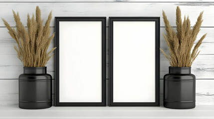 Mockup Two Black Frames, Dried Plants
