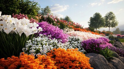 Obraz premium Vibrant Floral Garden Landscape with Colorful Blooming Flowers and Lush Greenery in Spring or Summer