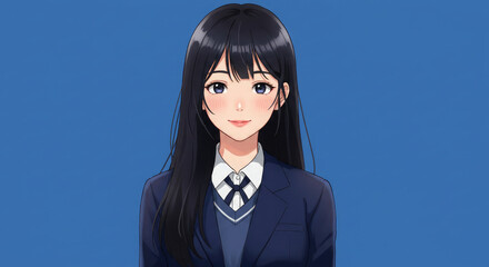 Portrait of a anime style business woman on blue background.