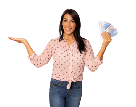 Portrait of an excited young woman in pink shirt showing money banknotes isolated over transparent background. PNG transparent.