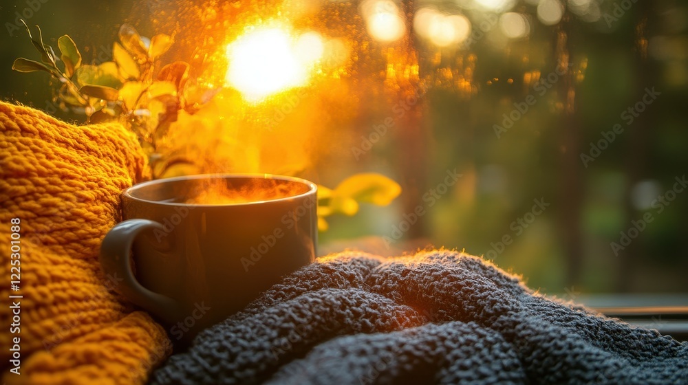 Aufkleber a cozy setting with a steaming cup of coffee placed on a colorful blanket by the window. the golden 