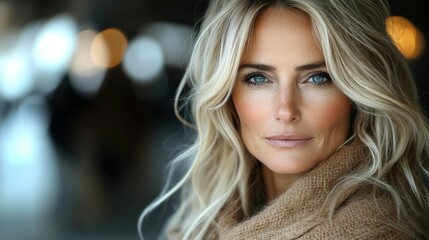 Fototapeta premium A woman with long blonde hair gazes confidently into the camera, wearing a soft sweater. The setting features warm, blurred lights creating a cozy atmosphere
