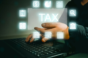 Business woman with Virtual Tax Interface, Analyzing Financial Data and Preparing Tax Documents for Accurate Filing and Financial Management, Revenue Management for Businesses.