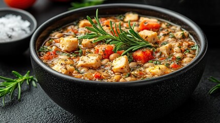 Hearty chicken and bean soup, rosemary garnish, dark background