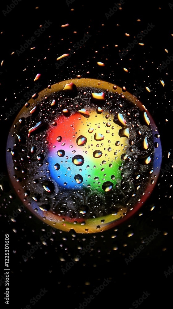 Poster a close-up of a colorful sphere with droplets of water, creating a vibrant effect against a dark bac