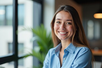 Fototapeta premium A Smiling Young Woman with Long Hair, Wearing a Blue Shirt, Posing Cheerfully by a Large Window Surrounded by Plants in a Bright, Modern Indoor Space