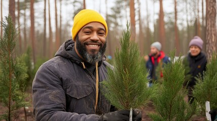 In a winter forest, community volunteers participate in a tree planting event, smiling and working together to enhance local biodiversity and promote sustainability