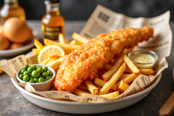 Crispy battered fish and thick-cut fries served with mushy peas and condiments on rustic newspaper wrap, showcasing traditional British comfort food. Сlassic english cuisine