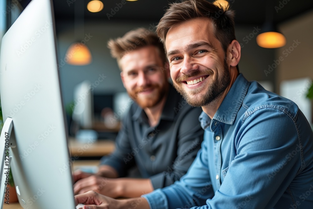 Poster two men smiling at computer workstations in modern office environment with warm lighting and collabo