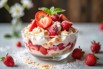Delicious Eton mess dessert featuring crushed meringues, whipped cream, and fresh strawberries in a clear glass bowl, vibrant summer indulgence. Сlassic english cuisine