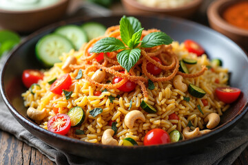 Vibrant vegetable biryani with saffron-infused basmati rice, cashews, and crispy onions, alongside cucumber raita and fresh mint leaves. Culinary artistry concept.  Indian cuisine