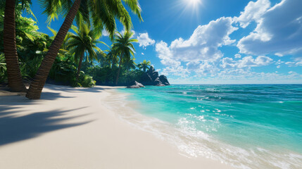 Fototapeta premium Idyllic tropical shore with soft white sand, clear turquoise waves, and vibrant palms
