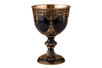 Ornate Medieval Knight's Chalice with Intricate Golden Patterns and Motifs on a White Transparent Background