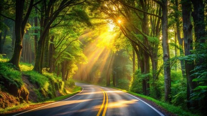 Sunbeams Illuminate Winding Road Through Lush Green Forest Canopy