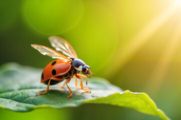 Macro photography of a vibrant ladybug opening its wings to take flight on a leafy green background, showcasing nature's beauty.