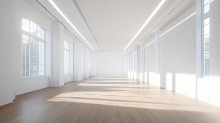 Bright empty interior space with wooden floor and large windows bathed in natural light