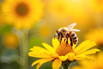 Bumblebee opening its wings to take flight from a vibrant sunflower amidst a sunflower garden, showcasing the beauty of nature's pollinators.