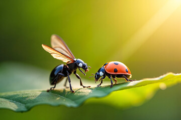 Ladybug and fly engaging in captivating interaction on a green leaf, serene natural environment.
