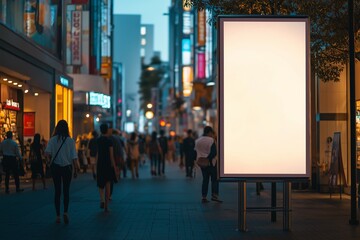Empty billboard mockup at crowded shopping district with pedestrians walking by and storefronts background
