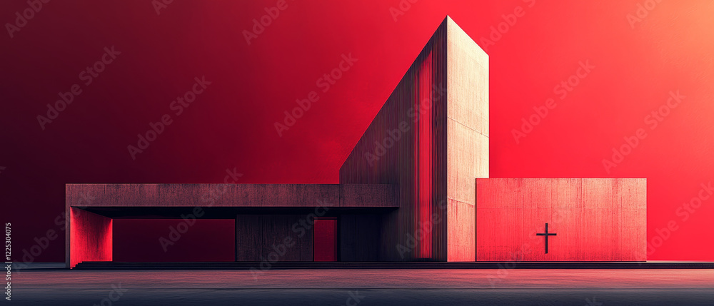 Poster minimalist church with sharp architecture on red background
