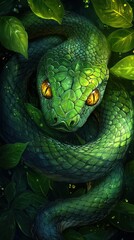 Fototapeta premium A Vibrant Green Snake, Coiled Amidst Lush Foliage, Stares Intensely. The Image'S Dark Background And Vivid Colors Create A Mysterious, Captivating Atmosphere.