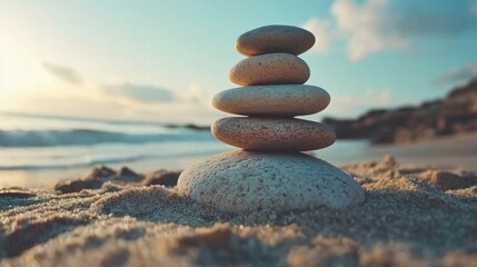 Fototapeta premium Smooth stones are carefully arranged in a stack on sandy beach. The sun sets over gentle waves, creating a tranquil ambiance perfect for contemplation