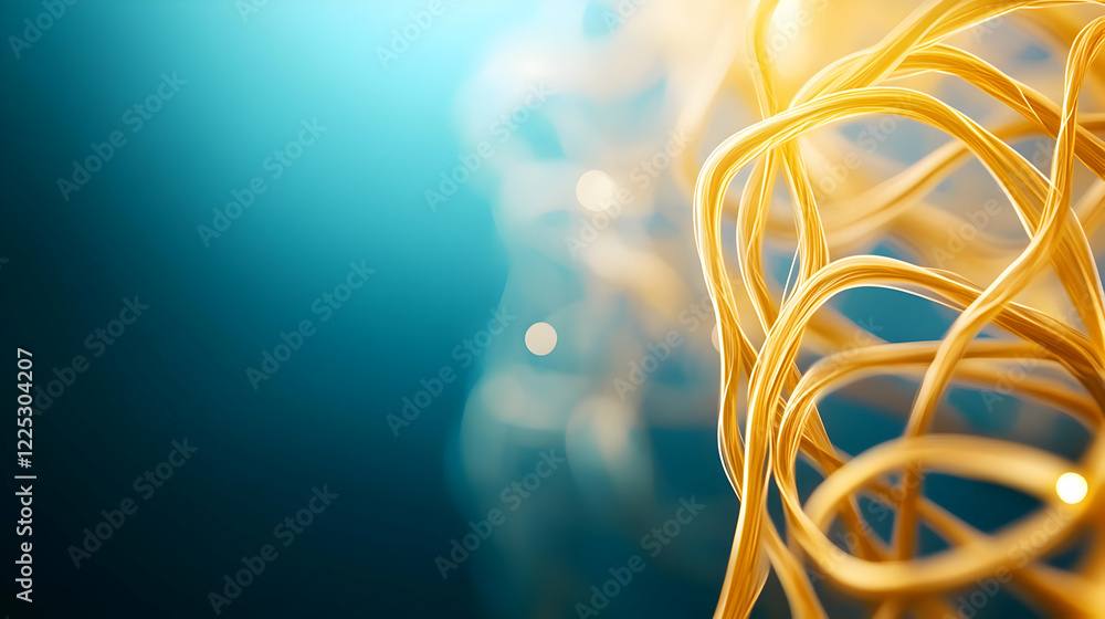 Poster abstract close-up of intertwined golden lines against a blue backdrop, representing complexity and i