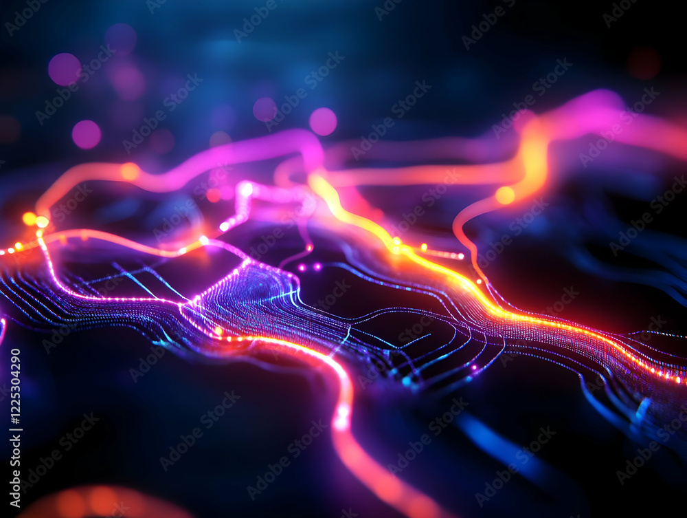 Poster abstract digital background featuring colorful glowing lines and circuits, representing technology a