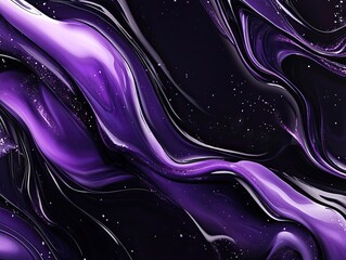 Abstract liquid purple and black background with dynamic flowing shapes and shining particles