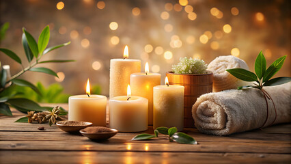 Serene Spa Relaxation: A rustic wooden table is adorned with a collection of lit candles, fragrant herbs, and a fluffy towel, creating an ambiance of pure tranquility and inviting self-care.
