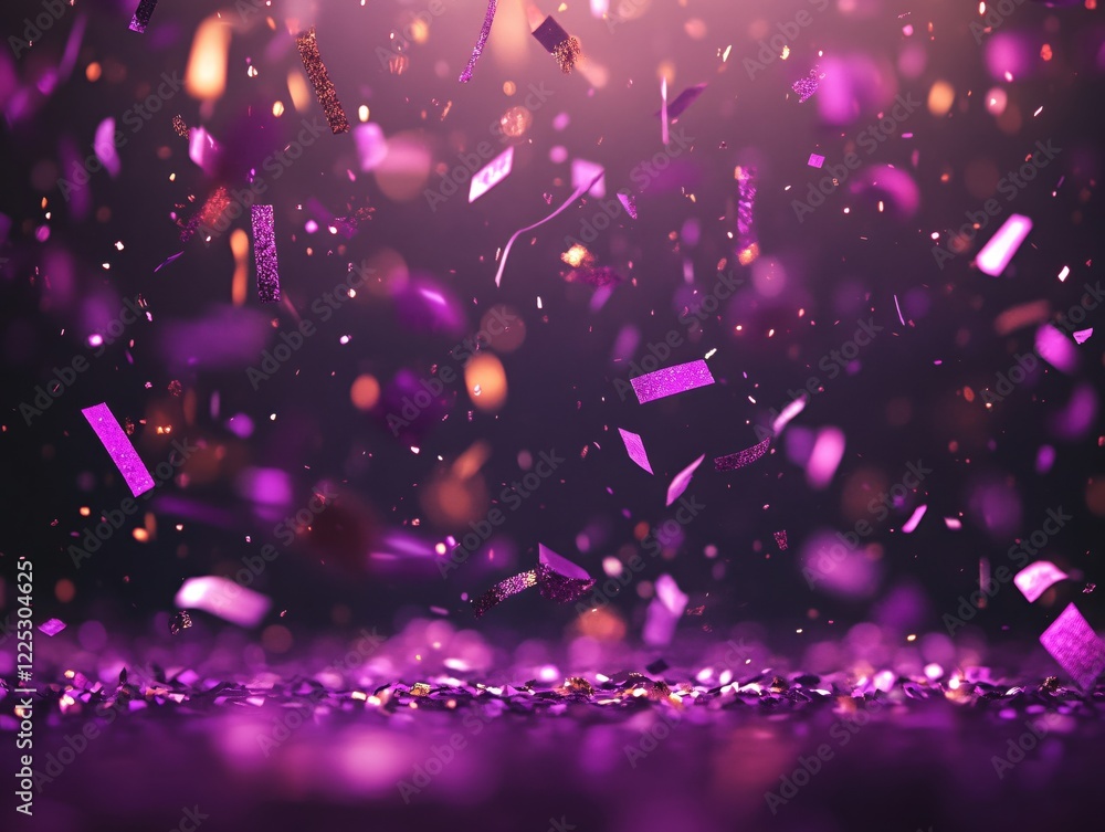 Poster purple confetti falling on dark background with bokeh lights creating a festive atmosphere