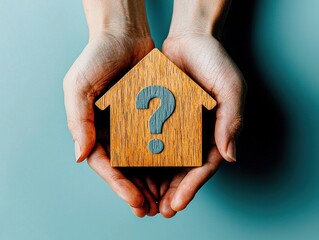 A person holding a wooden house model with a question mark.