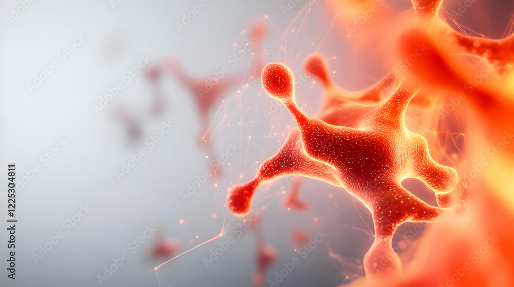 Poster abstract representation of cell structures with glowing red colors highlighting the intricate detail