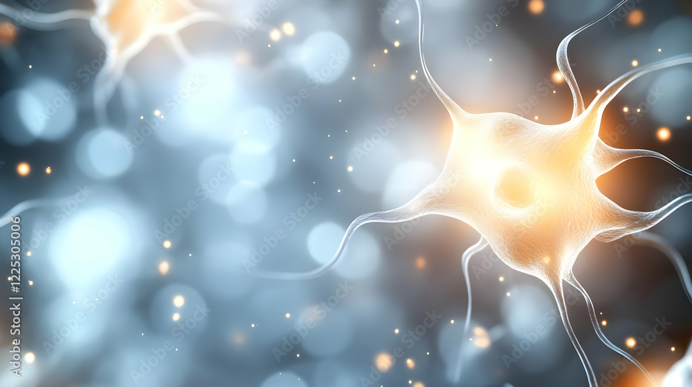 Poster abstract representation of neurons with glowing synapses and vibrant colors creating a mesmerizing v