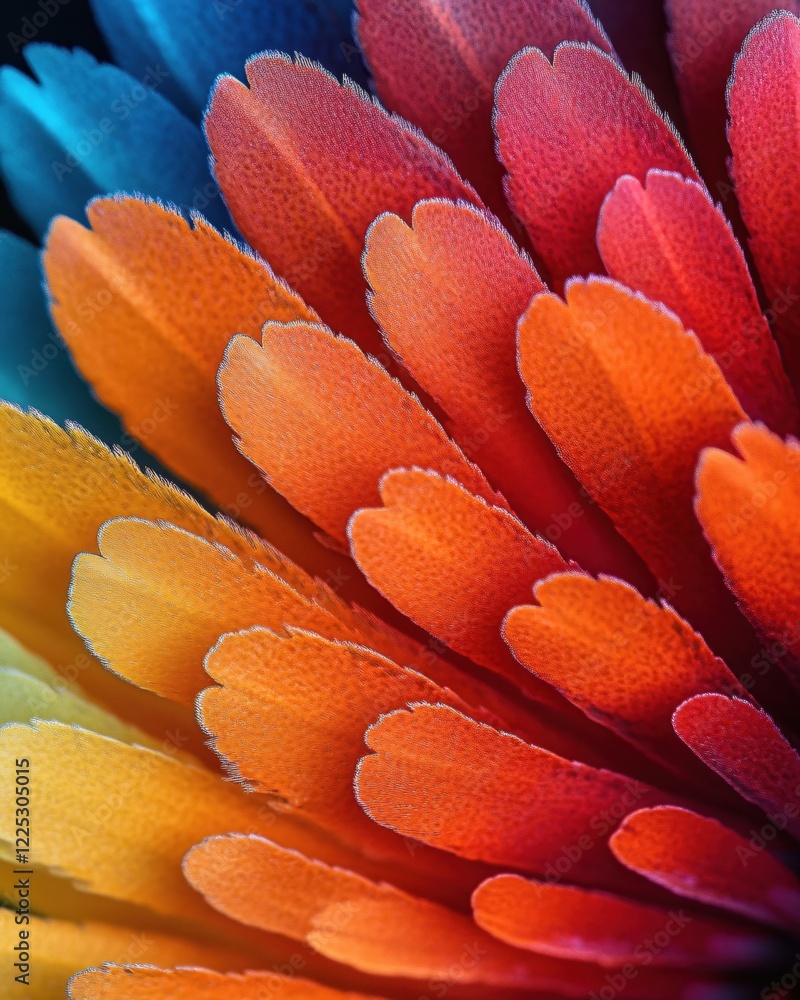 Poster vibrant petals close up showing gradient colors from blue to yellow and red in a macro view