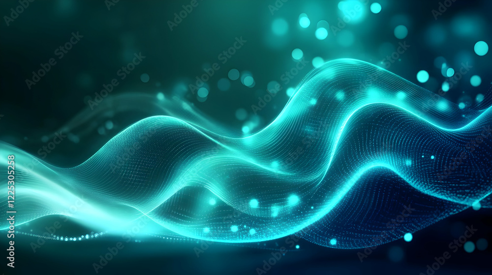 Poster abstract waves of glowing light create a mesmerizing visual experience in cool blue tones.