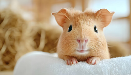 Obraz premium Adorable close-up of a fluffy guinea pig resting on a soft surface, showcasing its vibrant fur and curious expression.