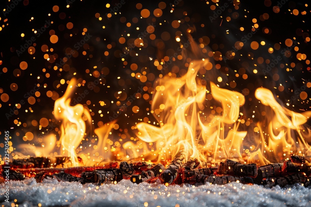 Poster a mesmerizing display of flames and glowing embers set against a dark background, creating a dynamic